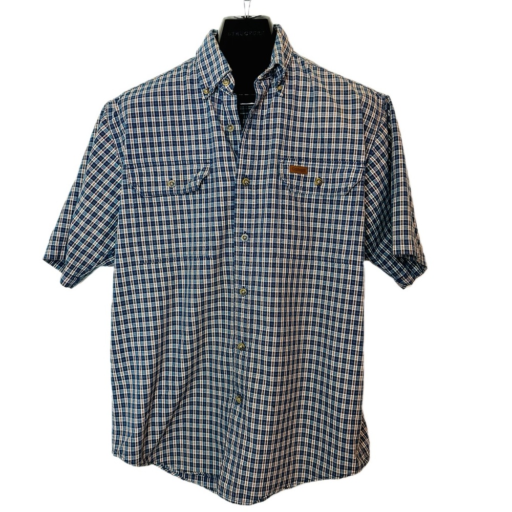 CARHARTT Plaid Short-Sleeve Button-Down Shirt Navy Brown White Regular Medium